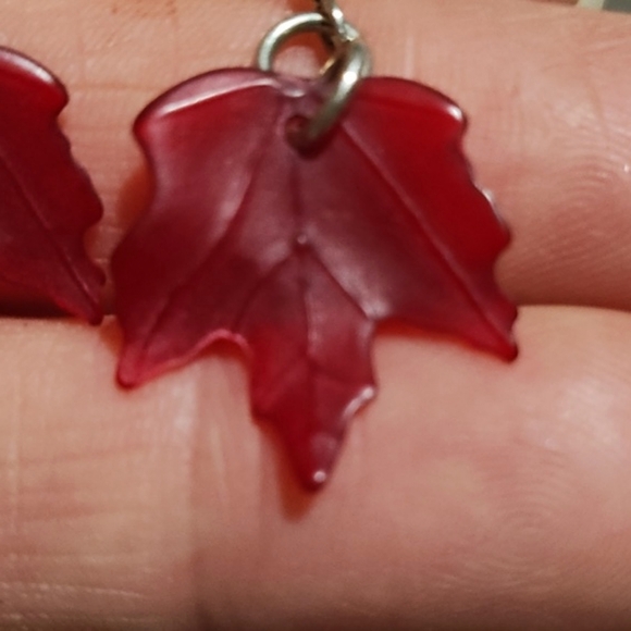 DARK RUBY RESIN MAPLE LEAVES .925 HOOK DROP DANGLE 1.5" EARRINGS - Picture 8 of 9